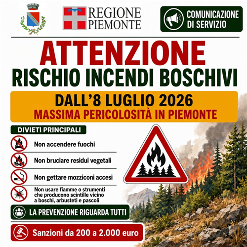 Dall’8 luglio in Piemonte stato di massima pericolosità per incendi boschivi