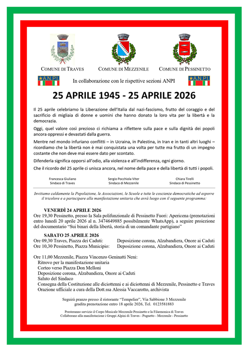 25 aprile 2026 - Manifestazione unitaria Comuni di Mezzenile, Pessinetto e Traves